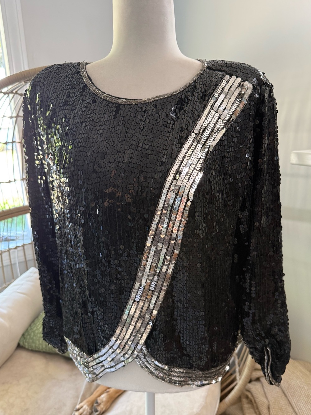 Vintage Champ Ellyse 100% Silk Black Silver Sequin Evening Blouse